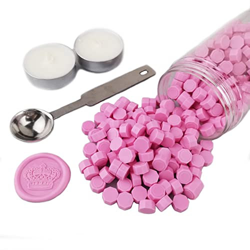 Siegelwachsperlen, AMTOL 300 Stück Bronze Wachssiegelperlen mit 2 Stück weißen Kerzen und 1 Stück Wachsschmelzlöffel, ideal für Hochzeitseinladungen, Kartenumschläge, Geschenkverpackungen(Rosa)