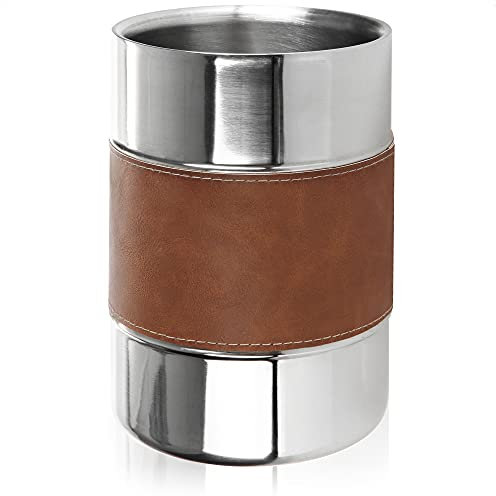COM-FOUR® Enfriador de champán con banda de cuero sintético - cubo de enfriamiento para vino espumoso, vino y champán (plateado/marrón - pequeño)