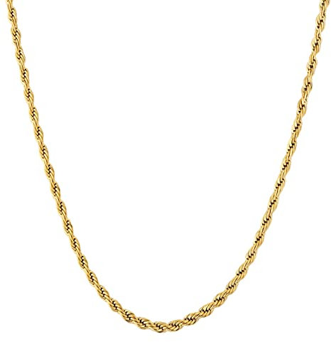 KRKC&CO 2,5mm dünne Kordelkette Rope Kette Edelstahl, 18K Gold beschichtet Zopfkette, feine Goldkette für Herren Damen, Unisex Rope Halskette Seilkette, Geburtstag Weihnachten Geschenke, Länge 61cm