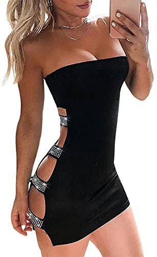 Loalirando Bleistiftkleid Damen kurz sexy figurbetont mit Strass schulterfreies Kleid für Abend Clubbing, Schwarz , Small