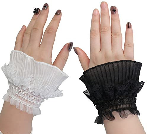 JK Home 2 Pairs False Sleeve Wrist Cuff Gloves, Lace Ruffle Layered Stretch | Detachable Fake Sleeve Cuffs, Arm Wraps For Punk Street Fashion Gothic Steampunk Jabot Cuffs Bracelet Costume
