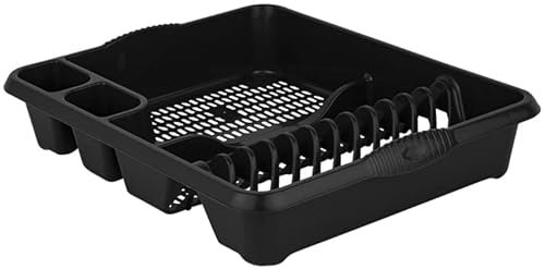 JMS we create smile Midnight Black (Dark Grey) High Grade Plastic Dish Drainer Cutlery Drying Rack Kitchen Sink Cup Holder (Large)
