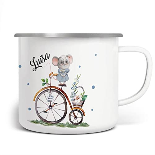 miKalino Emaille Tasse Maus auf Fahrrad personalisiert mit Namen | handbedruckt in Deutschland, Farbe:weisssilber, Grösse:300ml