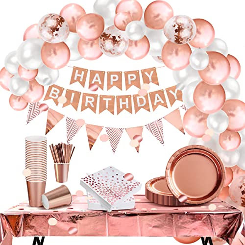 iZoeL Vaisselle Jetable Anniversaire Rose Gold, Decoration Anniversaire Femme Fille, 46 pcs Arche Ballon anniversaire Nappe Rideau Serviettes Assiettes Tasses Paille 10 g Confettis
