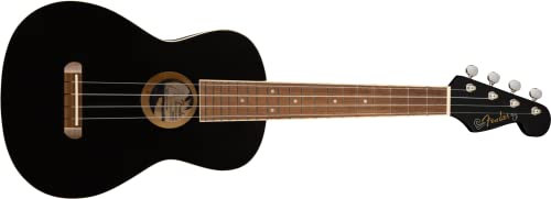 Fender Avalon Tenor-Ukulele für Erwachsene und Kinder, Eschenholz-Konstruktion, Walnuss-Griffbrett, Klassischer Fender Stratocaster Kopf, in Schwarz