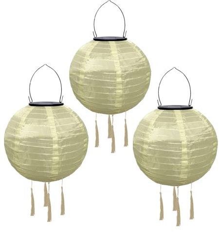Yeehliny Solar Lampions Außen Wetterfest Solarlampiongs Outdoor Hängend Solar Lampion mit Quasten, 30cm Papierlaterner Aus Nylon, Solar Laterne Solarlampen für Außen Garten Balkon (3pcs/Beige)