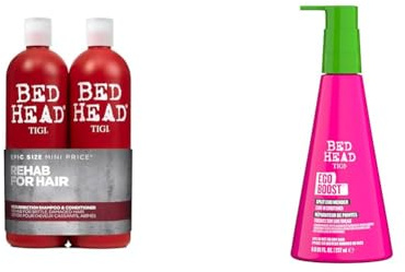Bed Head by Tigi Urban Antidotes Resurrection Shampoo und Conditioner für geschädigtes Haar, 750 ml, (2 Stück) 1er Pack & Bed Head Ego Boost Leave-in-Conditioner, 237ml