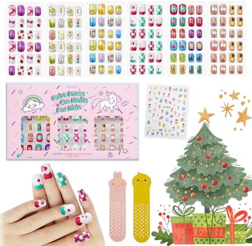 144Pcs 6 Pack Press on Nails for Kids Children Acrylic Fake Nails Pre-glue Full Cover Glitter Gradient Color Animal Short False Nail Art Kits Sets Valentines Day Gifts for Kids Girls