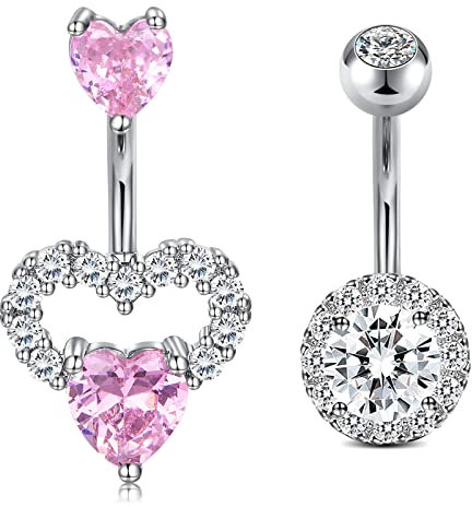 Crdifu 2er Bauchnabelpiercing 10mm Silber Chirurgenstahl Herz Bauchpiercing Piercing Bauchnabel Rosa Kristall