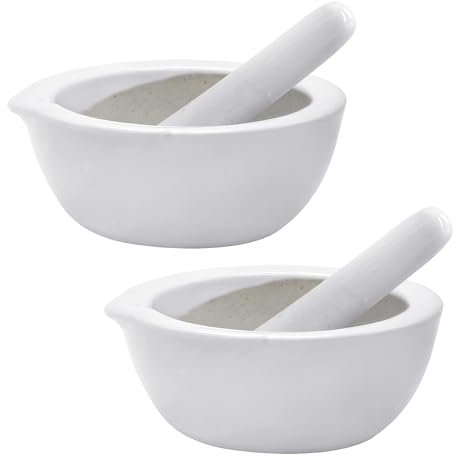 Lot de 2 mini pilons et mortier – Petit et compact 7 cm – Outils de cuisine pour broyer les épices et les herbes avec facilité – Fabriqué à partir de porcelaine traditionnelle (pack de 2)