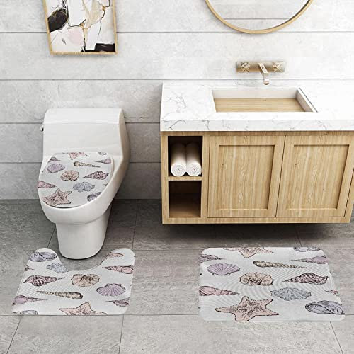 Badteppich-Set 3-teilige,rutschfeste,Sea Life Case,sich wiederholende Muscheln nautische Skizzen Illustration.Purple Multicolor,rutschfeste Badematte, U-förmiger Konturteppich und Toilettendeckel