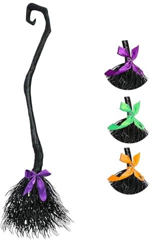 Witch Broom with 3 Ribbons for Kids Boys Girls Halloween Magic Broomstick Toy Decoration Party Favor Photo Booth (Black, 130cm*25cm)