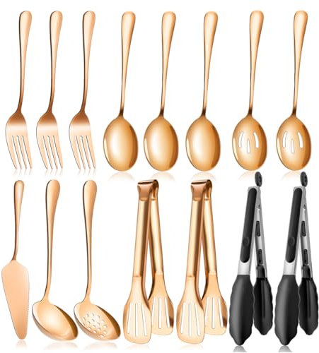 Rose Gold Serving Utensils Set Stainless Steel, Large Metal Serving Spoons, Slotted Spoons, Forks, Tongs, Soup and Skimmer Spoon, Cake Server serveware for Partie, Buffet, Catering, Entertaining 15pcs