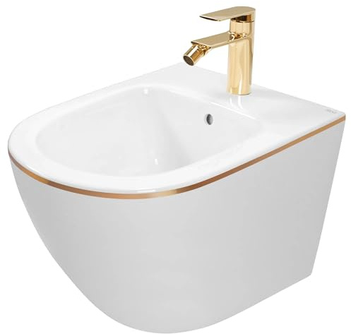 Rea - Carlo Mini Bidet Sospeso Bidet Sospeso in Ceramica Bordo Oro Bianco per Bagno 49,5 x 37 x 32,5 cm (Bianco)