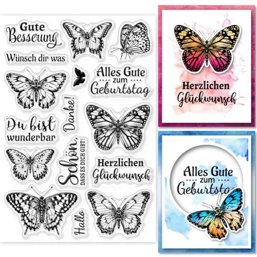 GLOBLELAND Sprüche Deutsch Und Schmetterling Transparente Stempel Für DIY Scrapbooking Deutsches Emotionales Wort Silikonstempel Transparente Stempel Siegel Für Karten Tagebuch