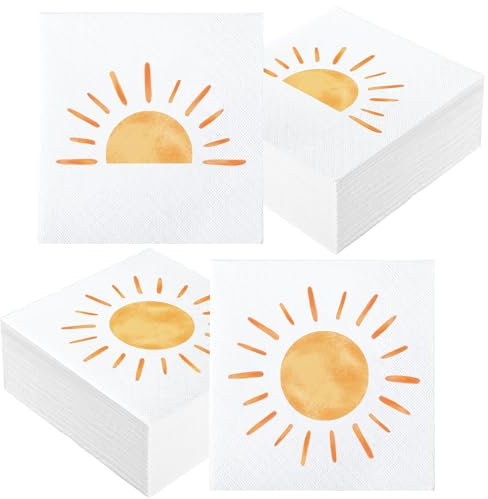 Papierservietten im Boho-Stil, Motiv: Sonne, für den ersten Ausflug um die Sonne, Geburtstagsparty, Boho, Hippie, Sonnenschein, Einweg-Servietten für Babyparty, Geburtstag, Party, 16,5 x 16,5 cm, 100
