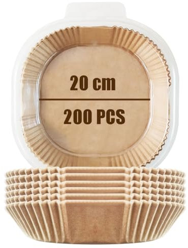 YRAKOZIN - Carta da forno per friggitrice ad aria calda [200 pezzi], inserto in carta pergamena usa e getta, multiuso, antiaderente, in silicone, colore del legno (quadrato, 20 cm, 4 – 8 L)