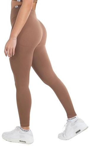 SMILODOX Leggings Damen High Waist Amaze RIPP, Blickdichte Sporthose aus Rippstoff, V-Shape Seamless Scrunch Sport Leggins, Squat-Sicher für Yoga Fitness & Alltag, Größe:M, Color:Hellbraun