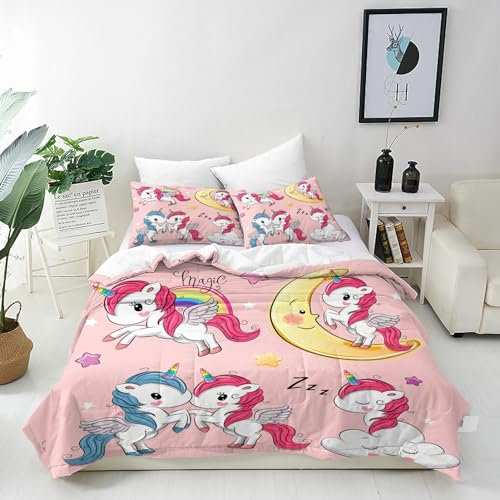 ANHOPE Einhorn Regenbogen Mond Bettwäsche Set 3 Teilig Bettbezug 155x220 cm + 2 Kissenbezug 80x80 cm Weich Microfaser Bettbezüge Set mit Reißverschluss Bettdeckenbezug für Kinder Mädchen