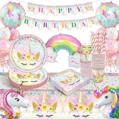 YEJIKJ Arc-en-ciel Ballon Licorne Decoration Fille, Vaisselle fête Kit Assiettes Gobelets Licorne Ballon, Decoration Anniversaire Licorne Kit pour Party Fête Anniversaire Fête Décorations (16 Invités