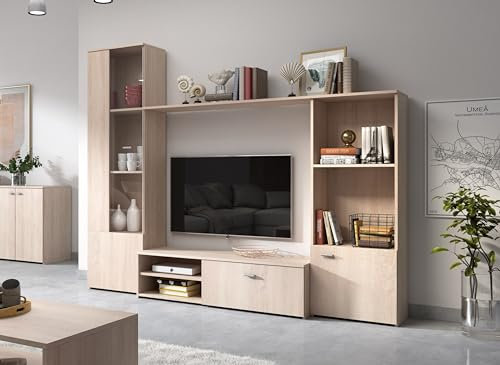 ARREDO DA CASA Parete Attrezzata Soggiorno Moderna con Vetrina e Libreria Mobile Porta TV Arredamento Salotto Rovere Chiaro PALK2