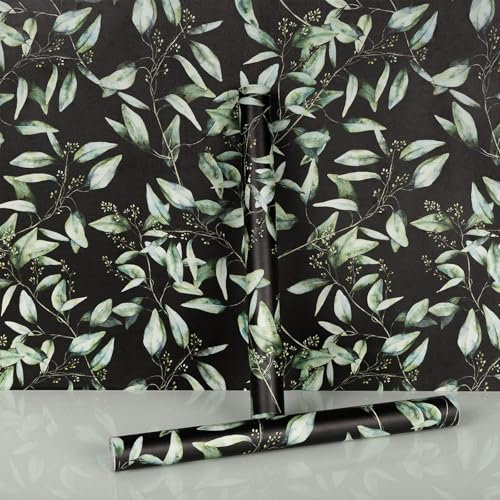 Hode Self Adhesive Wallpaper Green and Black 44cmX300cm, Sticky Back Plastic Patterned Furniture Sticker, Vinyl Wrap for Cupboards Shelves, Green Leaves Peel and Stick Wallpaper