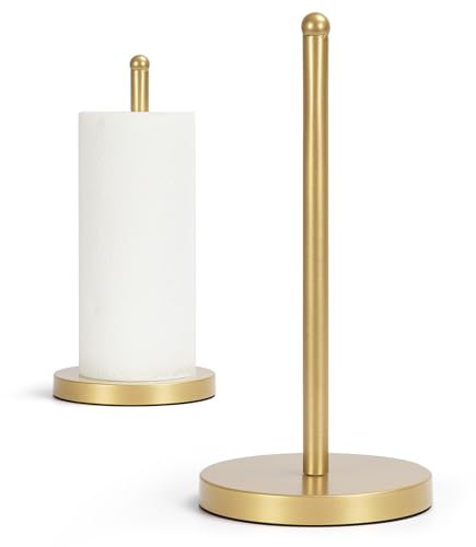 E-ROOM TREND Paper Towel Holder Heavy Weighted Base Sturdy Metal Paper Towel Dispenser Kitchen Steady Bathroom Towel Roll Stand Organizer Paper Roll Holder for Countertop Cabinet Gold (A077)