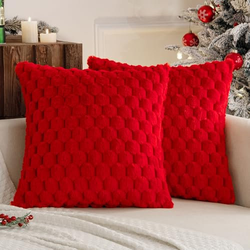 MIULEE Weihnachten 2er Set Kunstpelz Kissenbezüge Dekorative Plüsch Kissenhüllen Weich Sofakissen Dekokissen für Sofa Schlafzimmer Kissen 45x45 cm Rot