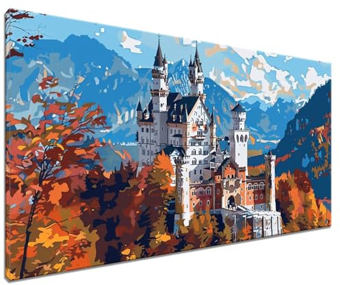 Malen Nach Zahlen Schloss Neuschwanstein, DIY Malen nach Zahlen Landschaft für Anfänger und Erwachsene, Bastelset Erwachsene Paint by Numbers Ölgemälde mit 3 Pinsel, Acrylfarbe, Ohne Rahmen 60x80cm -1