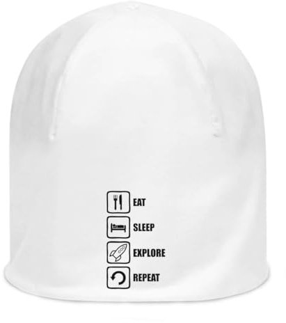 Atspauda Eat Sleep Explore Repeat Rocket Logo Unisex dünne Baumwolle dehnbar weiß Slouch Beanie weiß, weiß, Einheitsgröße