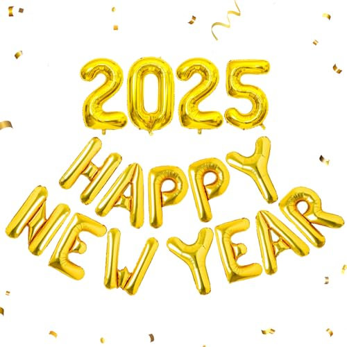 VIKY 2025 Silvester Deko Luftballon,Happy New Year Deko Ballons Gold,Neujahr Deko Folienballon für Silvester Dekoration,Silvester Party Deko Ballon Zubehör,2025 Neues Jahr Luftballons Party Dekoration
