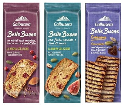 Assortimento Galbusera BelleBuone Fette Biscottate 5 Colazioni. 15 Monoporzioni da 40 gr, assortite in tre varietà: mandorle e mirtilli rossi, fichi e nocciole, cioccolato e semi.