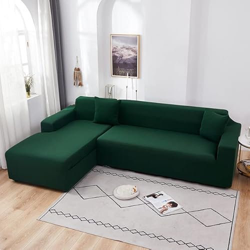 Elastischer Sofabezug für Wohnzimmer, Eckcouch, L-förmig, Chaiselongue, Stuhl, Schonbezug, Grün, 4-Sitzer, 235 x 300 cm, Weiß
