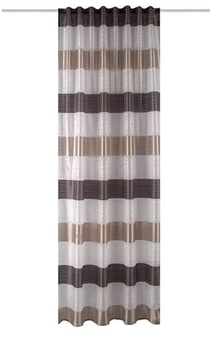 BB-Toy-Trades Fertigschal mit Kräuselband Kombibandschal Gardine Vorhang Fenstergardine gestreift 1 Stück Weiss, Braun, Beige Halbtransparent Querstreifen BxH: 140 x 245 cm