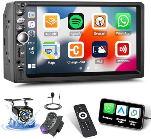 Double Din Car Stereo with Carplay Android Auto Mirror Link Bluetooth 5.1 2 Din Car Radio with Backup Camera 7 Inch Touch Screen Multimedia Player with 7 Color Light FM Radio Steering Wheel Control