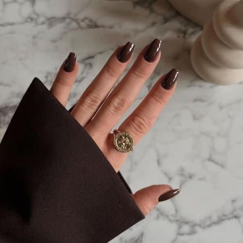 KQueenest Acrylic Press on Nails Short Medium Coffin, Brown False Nails Short Ballerina, Glossy Natural Solid Color Fake Nails Set, Reusable Gel Stick on Nail for Women Finger Daily Wear 24 Pcs