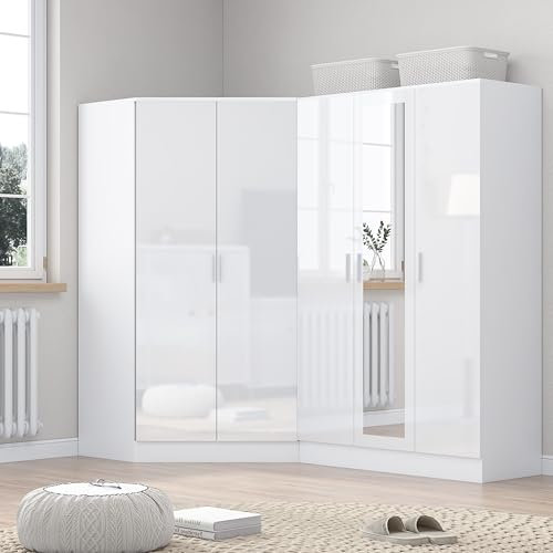 Reflect 2 Piece Bedroom Furniture Bundle - 2 Door CORNER + Triple MIRROR Wardrobe (H: 180cm x W: 216cm x D: 103cm) (White Gloss/White Matt)