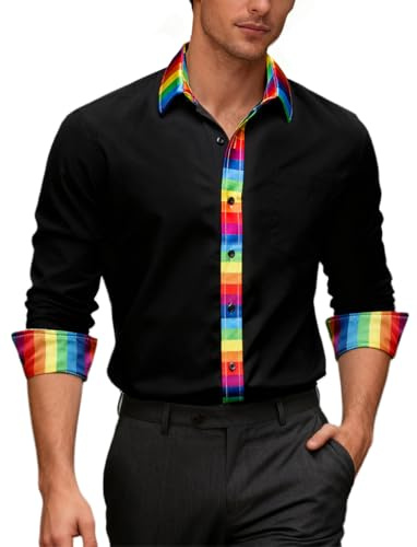 Ailisus Rainbow Shirts for Men Black Long Sleeve Button Up Casual Dress Shirt Gay Les LGBTQ Outfit Pride Love Striped Shirt