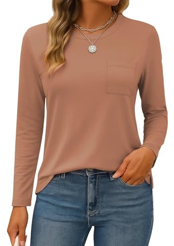 SMENG Long Sleeve T Shirts Women Plain Crew Neck Split Hem Casual Tshirts Women UK with Pocket Khaki M