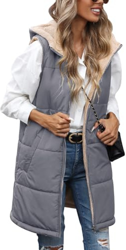 Tuopuda Damen Weste Lang mit Kapuze, Steppweste Gefüttert Fleeceweste Warme Winterjacke Freizeit Ärmellos Jacke Thermo Stehkragen Vest Kapuzenweste Reißverschlüsse Herbst Winter