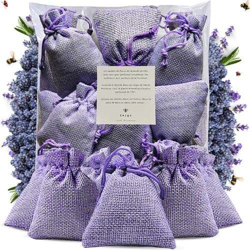 Sachet de Lavande en Jute Doublée – 12 Sachets Couleur Lavande sans OGM Remplis à la Main – Petit Sac pour Placards, Linge, Armoire – Fleurs de Haute Provence – Nouvelle Récolte
