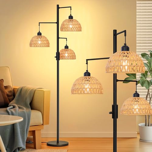 HERLLD Boho Stehlampe Wohnzimmer 180cm, 3-flammige Dimmbar LED Stehleuchte Industrial, Vintage Stehlampe mit Warmweiß E27 Glühbirnen, Rattan Lampenschirm& Fußschalter, für Schlafzimmer Büro, Schwarz