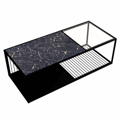 Table basse moderne avec verre trempé et surface marbrée, cadre en fer noir, grande étagère de sol, table de salon avec détails artistiques, table rectangulaire avec espace de rangement
