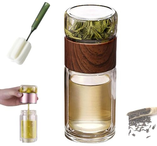 Glass Infuser, 3-in-1 Smart Tea Infuser, Double Layered Glass Water Separation Teacup, Portable Leak-Proof TeaInfuser with Filter & Lid for Loose Tea (Wood, 280ml)