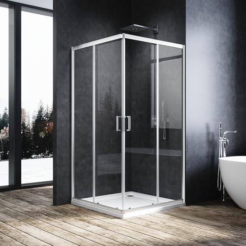 SUNXURY Eckeinstieg Duschkabine 80x80cm Schiebetür 5mm ESG-Glas Höhe195cm | ESG-Sicherheitsglas,Schiebetüren,Silber Aluminiumrahmen,hochwertigen Rollen,Platzsparend, ideal für kompakte Badezimmer