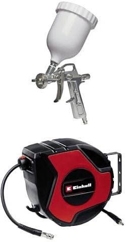 Einhell Pistolet à pulvérisation de Peinture à air comprimé pour compresseur (5 Bar Max, réservoir 0,6L, écoulement par gravité, régulateur débit Peinture et de Jet, raccord Inclus) + Dévidoir Auto