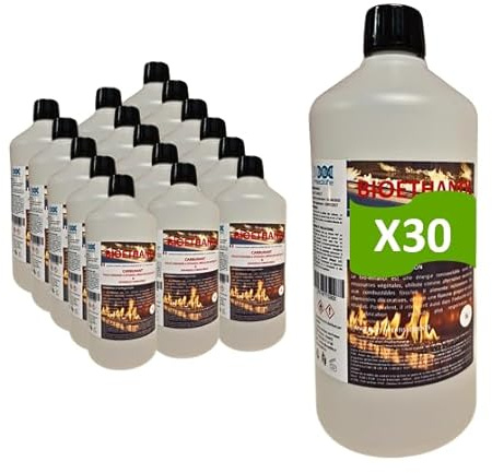 Bioéthanol 1L X 30 – Combustible Écologique Premium pour Cheminée Poêles en Acier InoxydableI – Liquide– Flamme Propre, sans Odeur ni Fumée – Ressources Végétales – Haute Performance (1Lx30)
