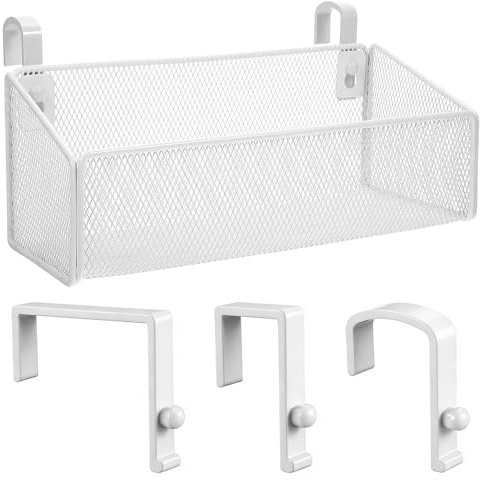 Healifty Bedside Storage Caddy with 3 Pairs Hooks, Bunk Bed Shelf for Top Bunk Bedside Caddy Hanging Storage Basket white Metal Organizer for Book Phones Drinks College Dorm Home Office Desk (White)