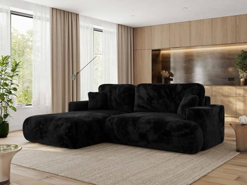MKS MEBLE Ecksofa Wohnlandschaft L-Form mit Schlaffunktion und Bettwäscheschrank, Schlafsofa mit Bettkasten, modernes Sofa OVO L - Links - Schwarz Plüsch