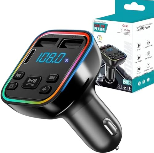Bluetooth 5.3 FM Transmitter Wireless Car-play Adapter UK(PD 20W&QC 3.1W)Radio Receiver Audio, Dual USB Charging Type C Fast Charger, Hands Free Calling, MP3 Music Player Supports USB/TF Card 12V/24V.